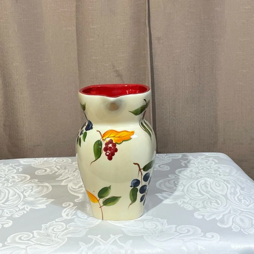 Vintage 1980s FTD Ceramic Pitcher Vase - Hand Painted Fruit Design 32oz EUC